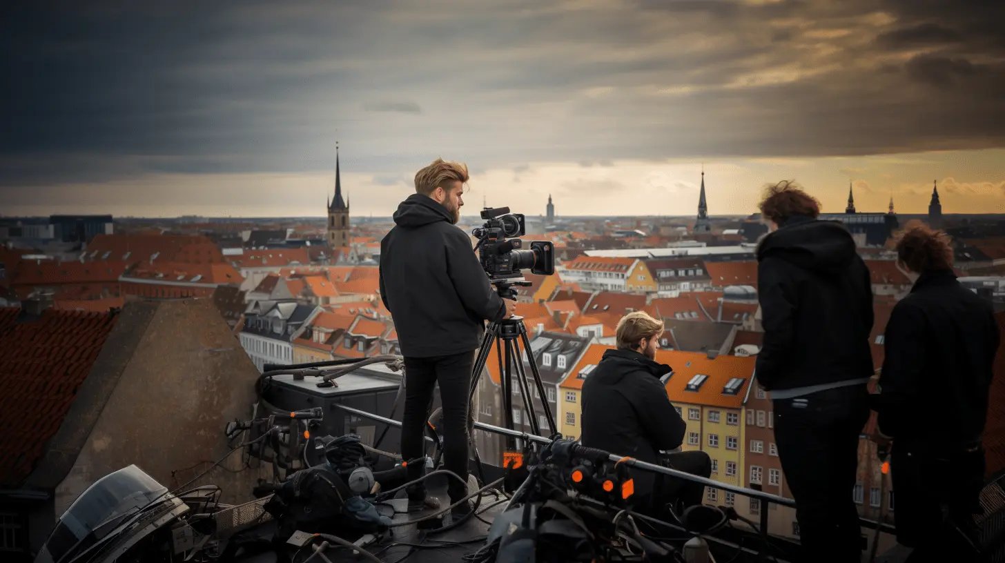 A film crew shoots over the burnt orange rooftops of Coppenhagen 